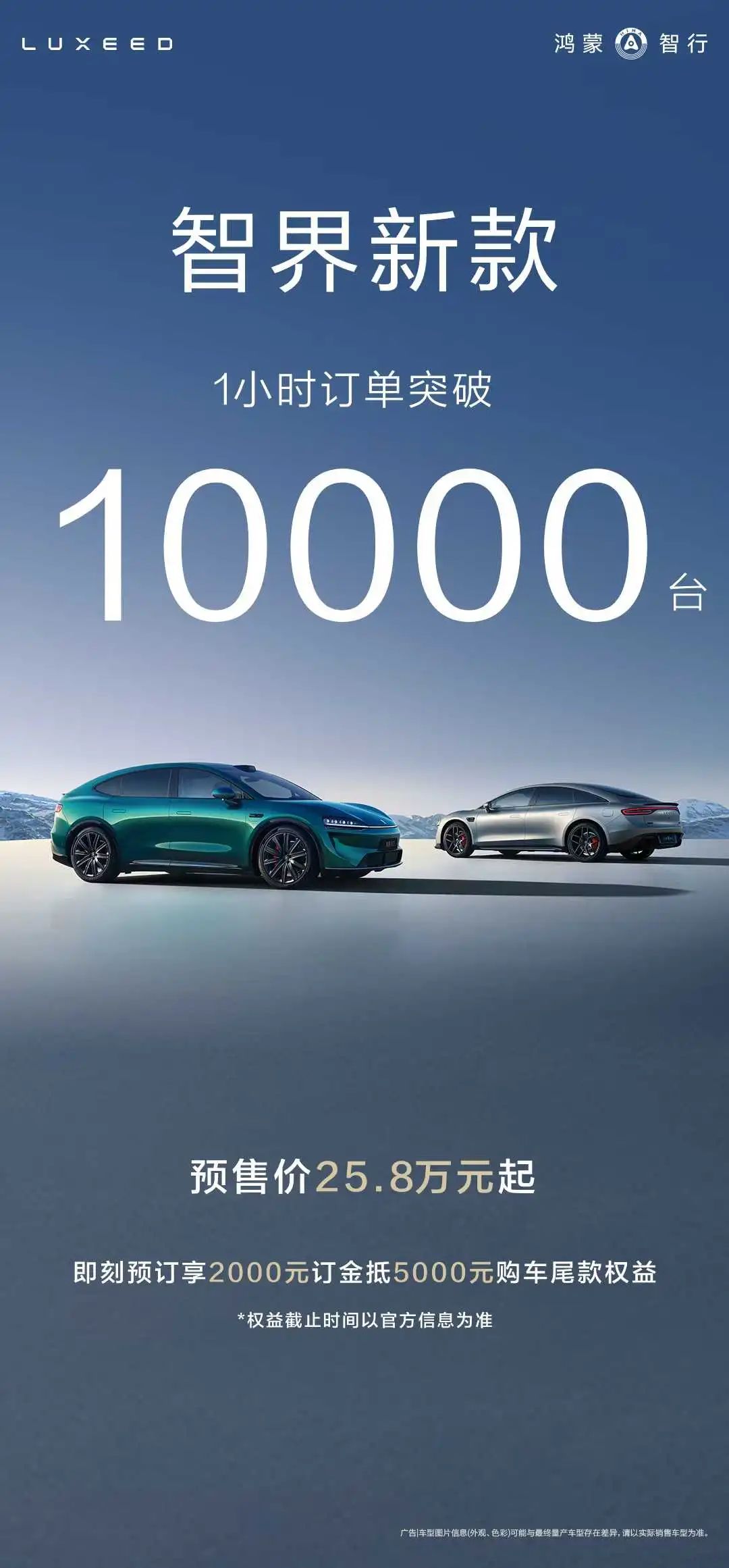 鴻蒙智行智界新款雙7車型預(yù)售1小時小訂突破10000臺